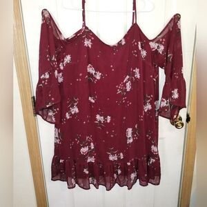 Xhilaration Babydoll Floral Mini-Dress - Maroon Asymmetrical Layer Cold Shoulder